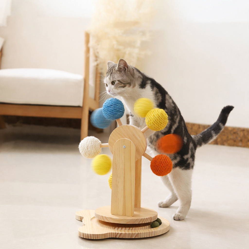 Natural Spin Cat Scratcher – Solid Wood and Sisal Comfort